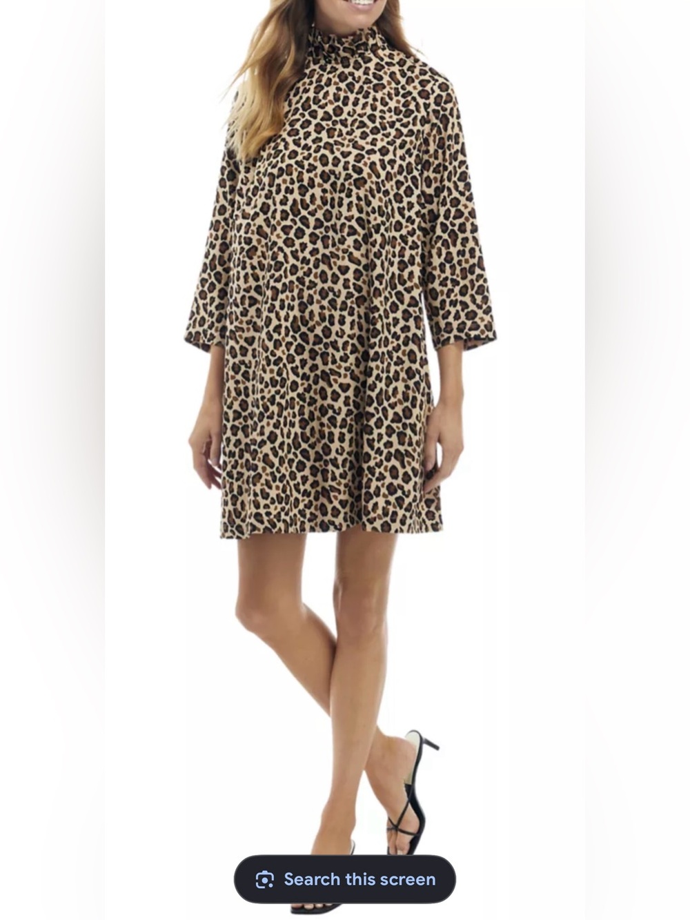Crown & Ivy Bow Back Leopard Print Ruffle Neck Shift Dress 3/4 Sleeve Small